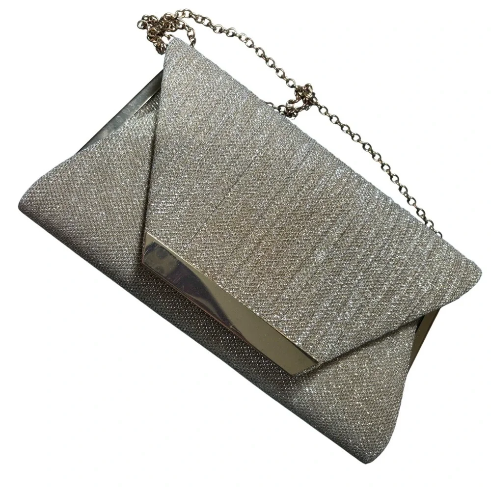 Envelope Clutch Womens Small Champagne‎ Gold Glitter Pleated Evening Bag READ